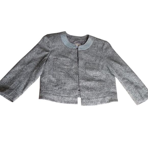 LOFT Silver Cropped Jacket with Sequin Collar | Size 14 | Lined Preppy Glam EUC - Picture 2 of 11